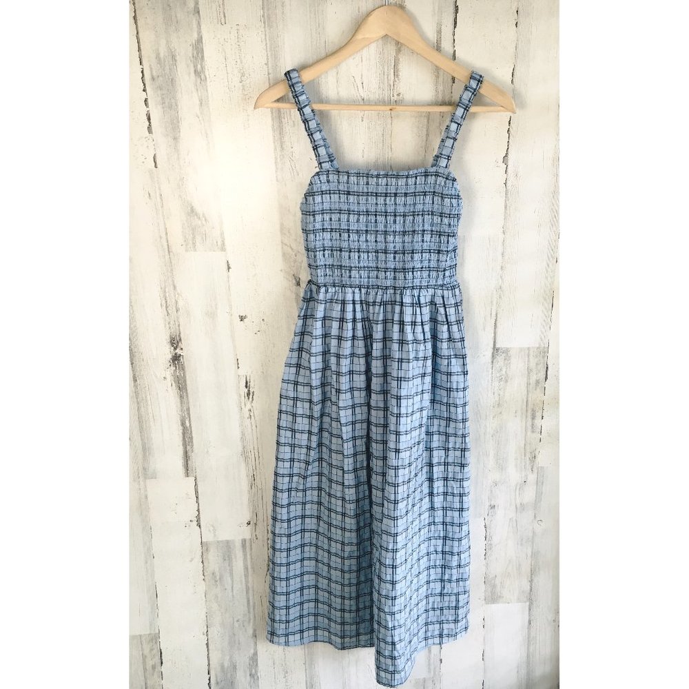 NWT J Crew Smocked Sleeveless Dress in Textured Plaid Midi Blue Spring 2022 XS